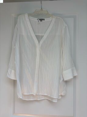 All Saints White Semi-Sheer V-Neck Button Front Blouse 100% Cotton